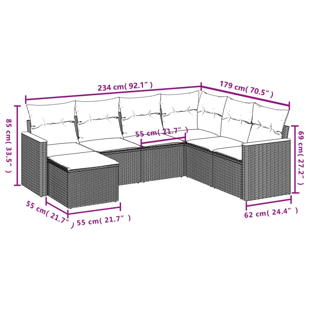 Salon de jardin avec coussins 7 pcs gris résine tressée