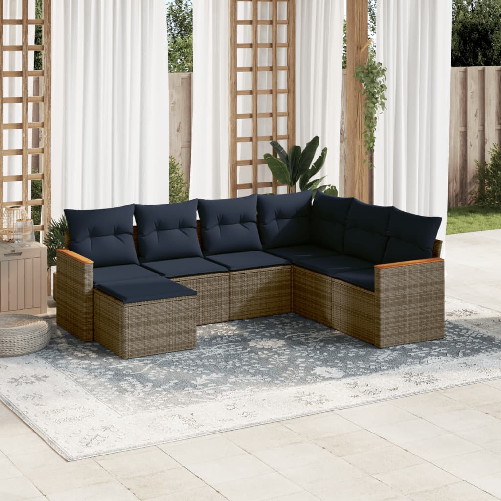 Ensemble de canapé de jardin 7 pcs avec coussins gris résine tressée