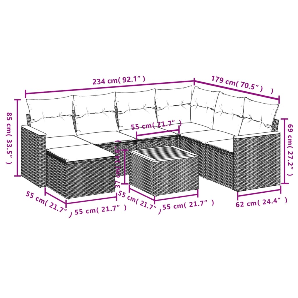Ensemble de canapé de jardin 8 pcs avec coussins noir résine tressée