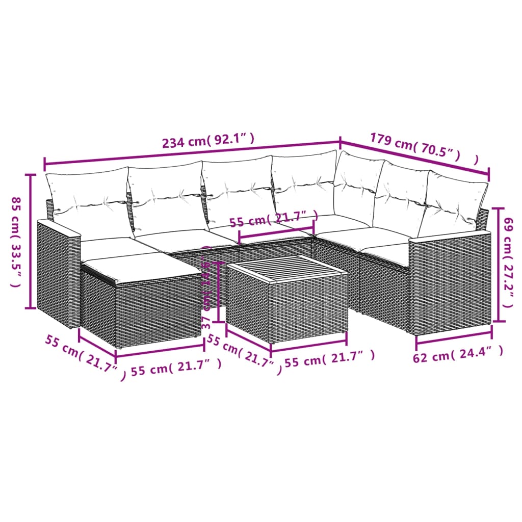 Salon de jardin 8 pcs avec coussins gris résine tressée
