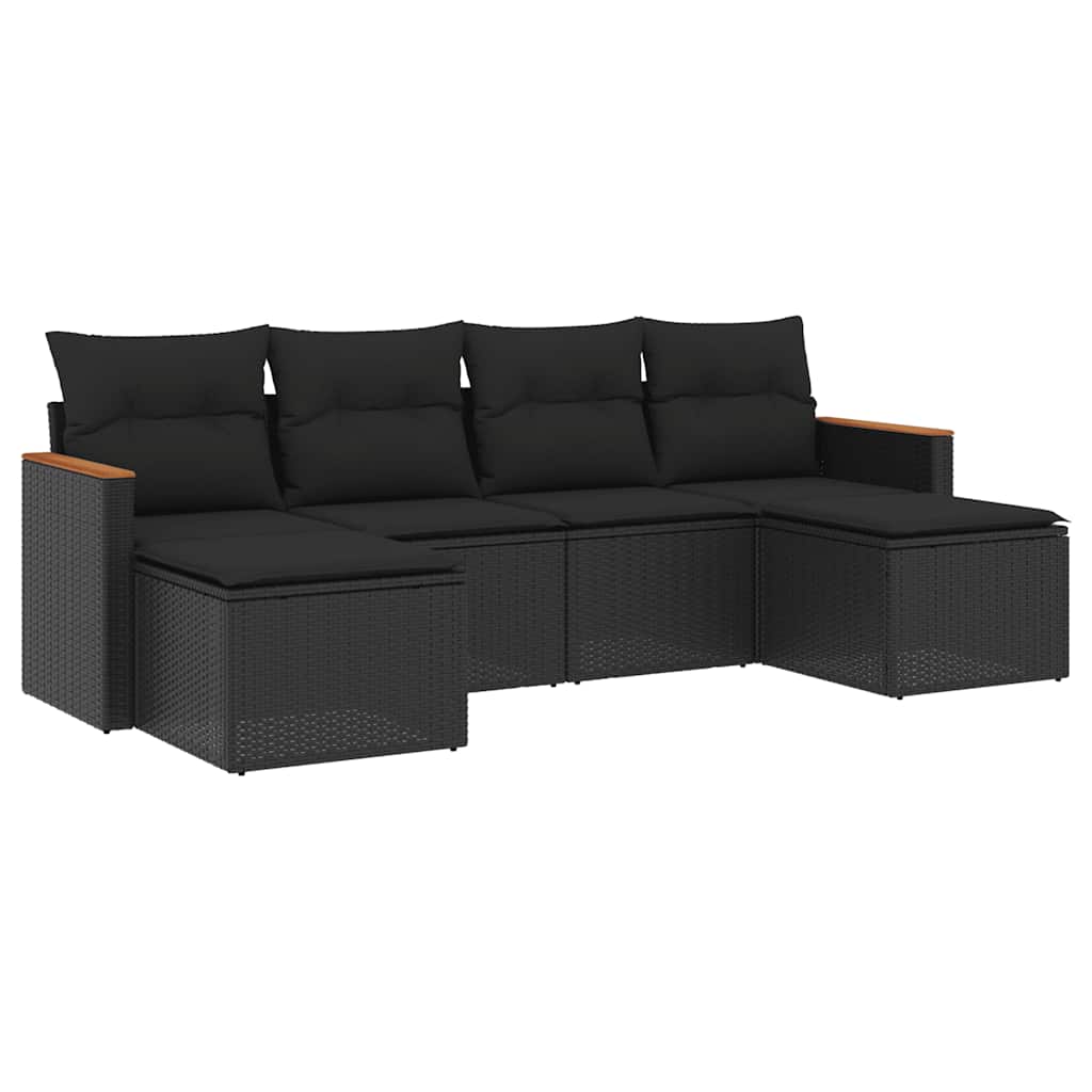 Salon de jardin 6 pcs avec coussins noir résine tressée