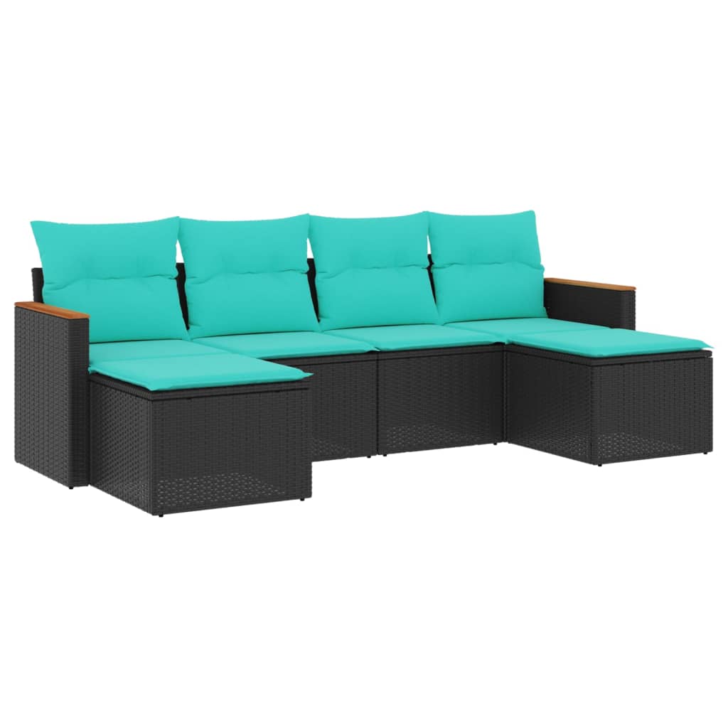 Salon de jardin 6 pcs avec coussins noir résine tressée
