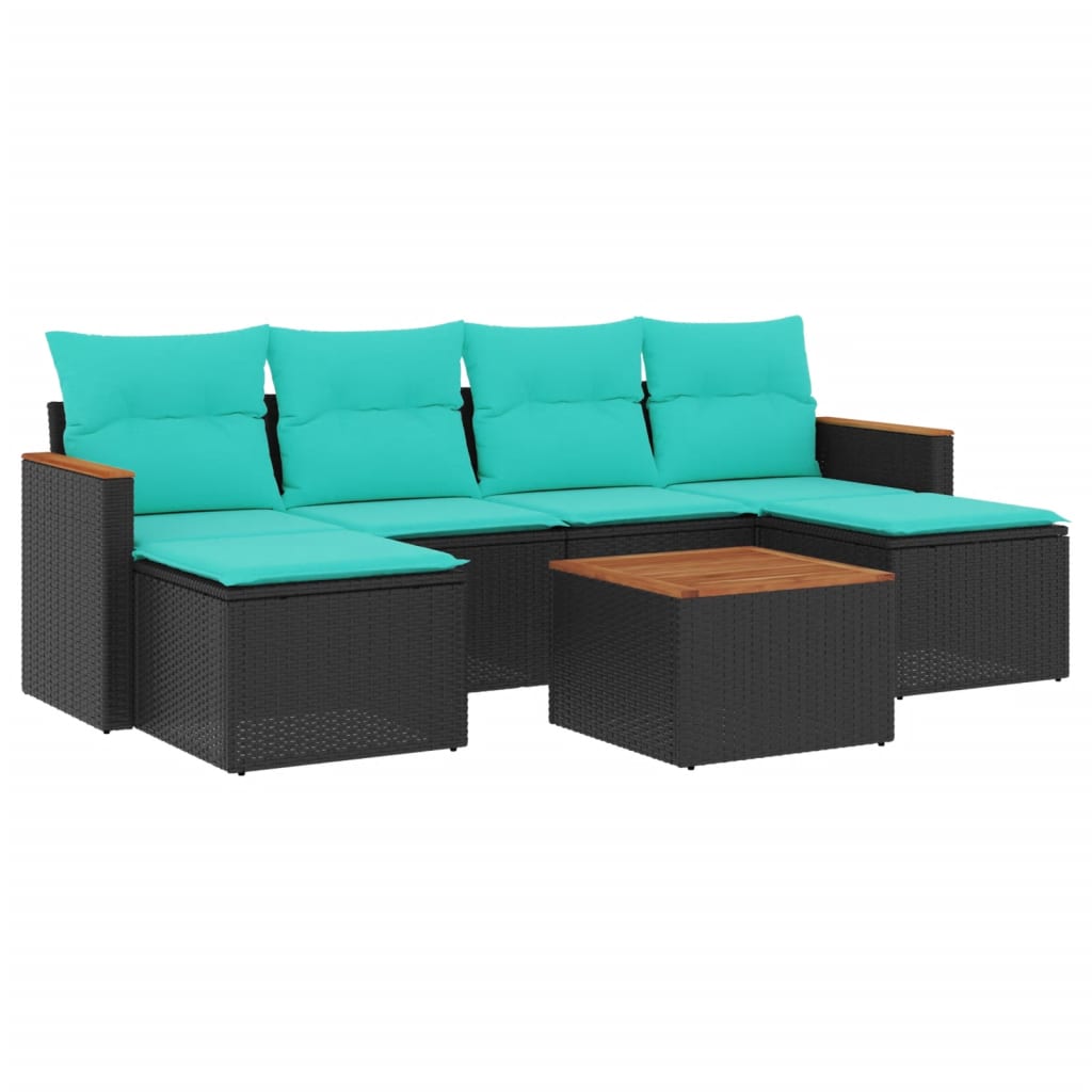 Ensemble de canapé de jardin 7 pcs avec coussins noir résine tressée