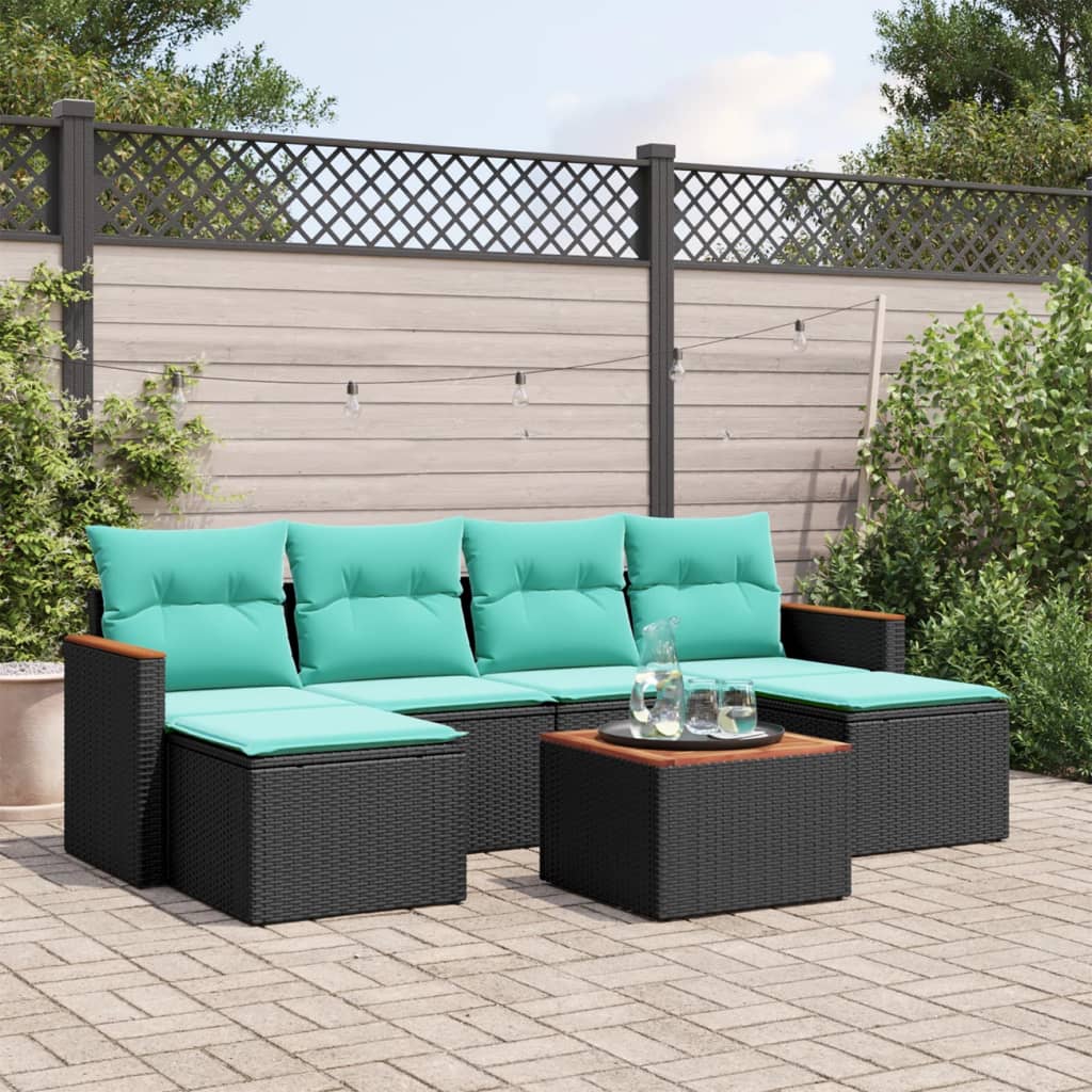 Ensemble de canapé de jardin 7 pcs avec coussins noir résine tressée