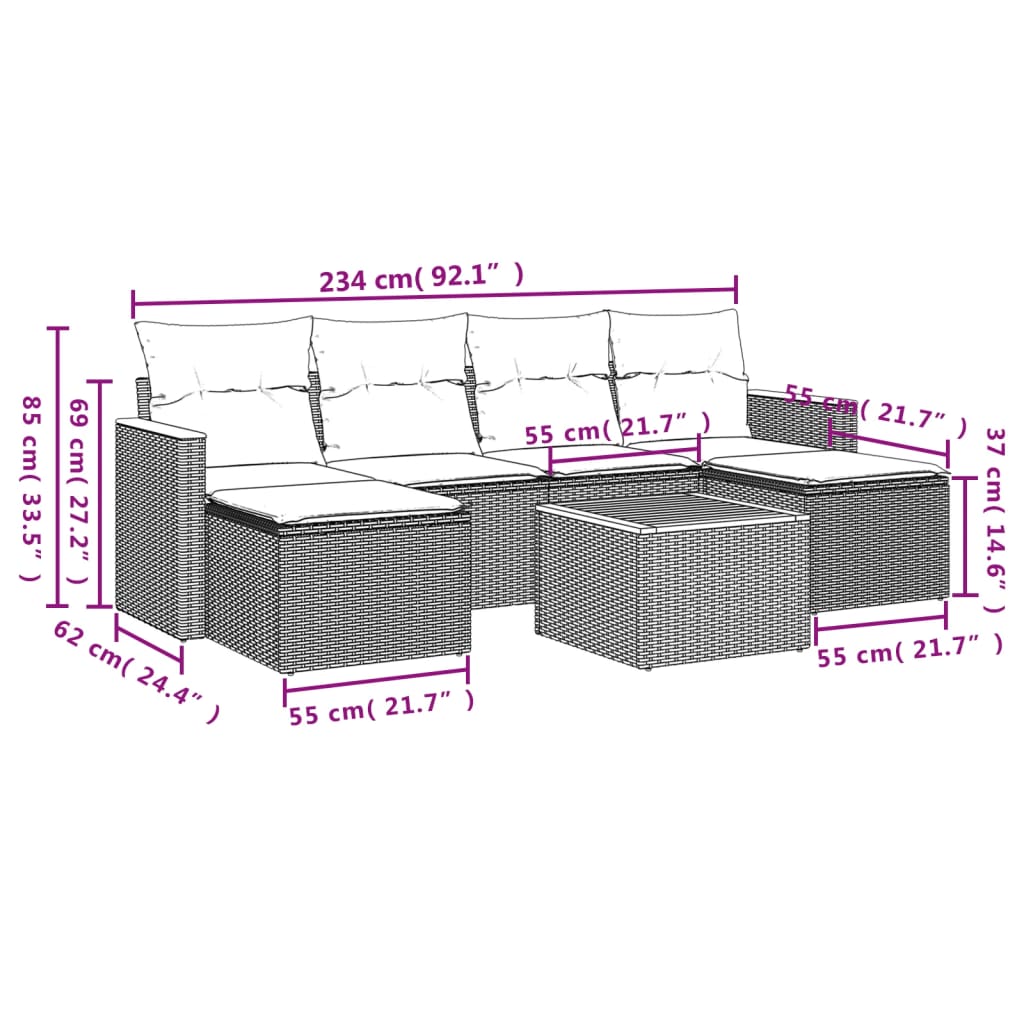Ensemble de canapé de jardin 7 pcs avec coussins gris résine tressée