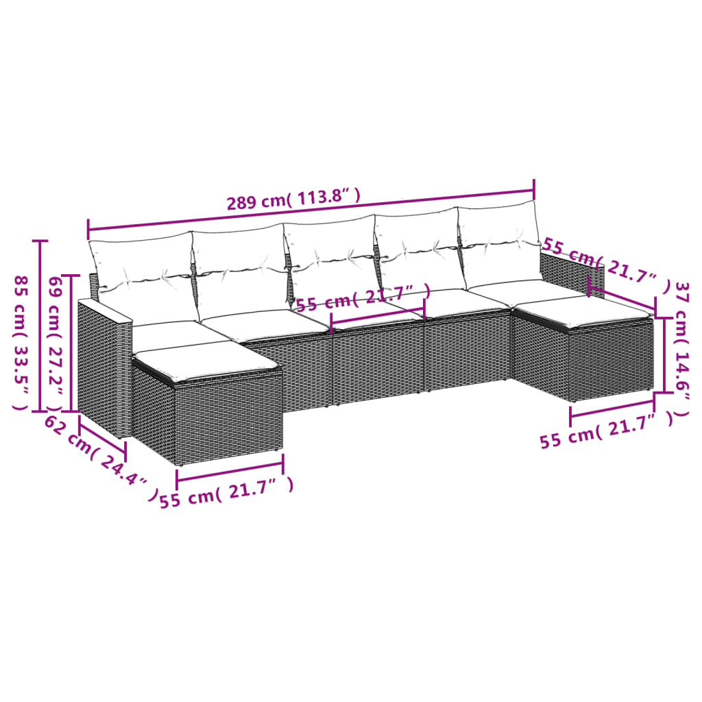 Ensemble de canapé de jardin 7 pcs avec coussins gris résine tressée