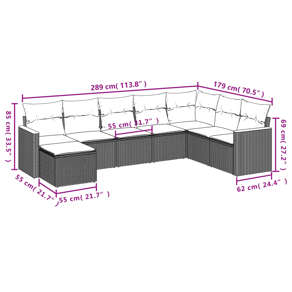 Ensemble de canapé de jardin 8 pcs avec coussins gris résine tressée