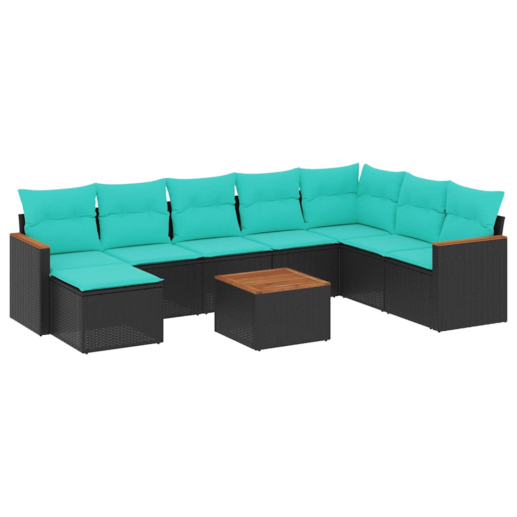 Ensemble de canapé de jardin 9 pcs avec coussins noir résine tressée