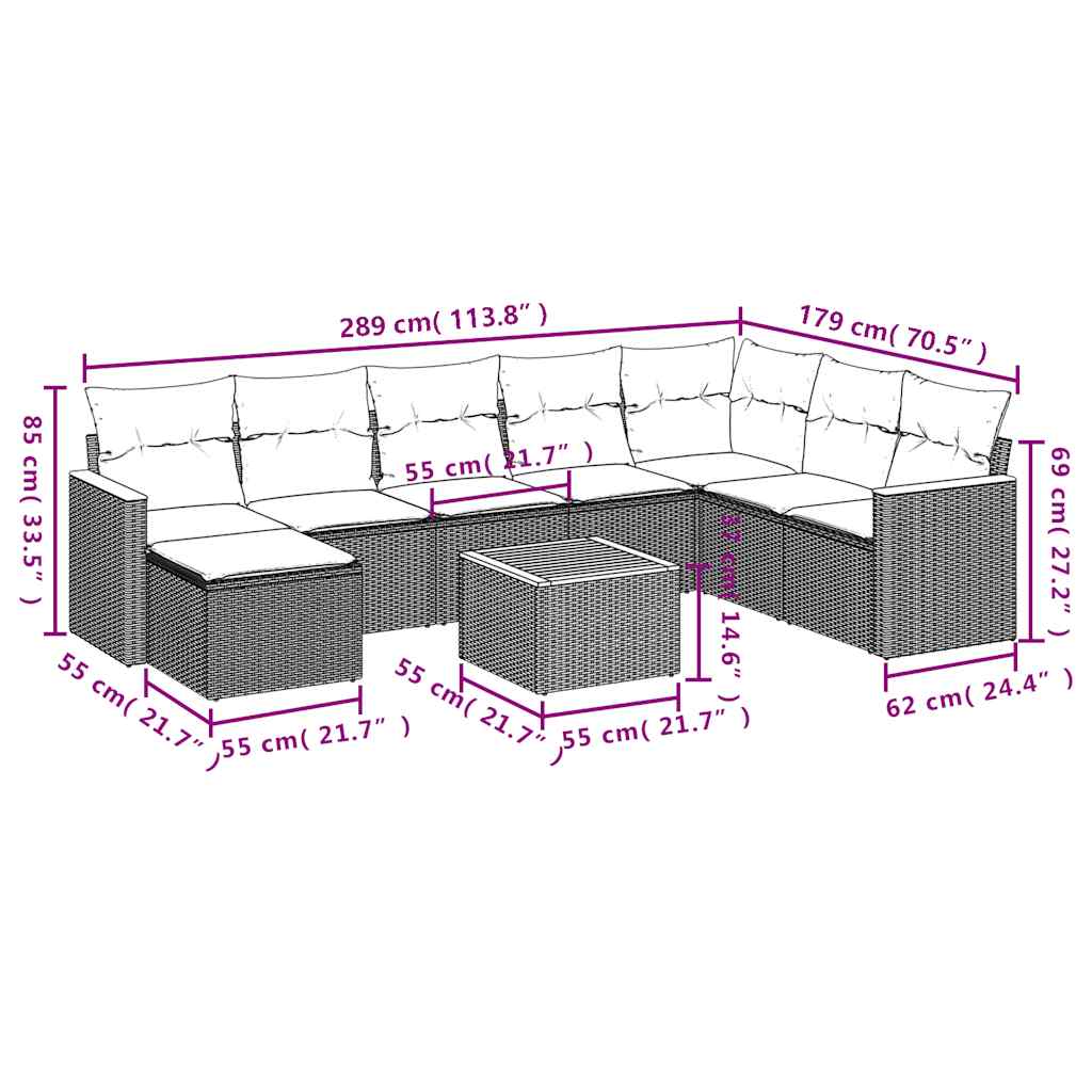 Ensemble de canapé de jardin 9 pcs avec coussins noir résine tressée