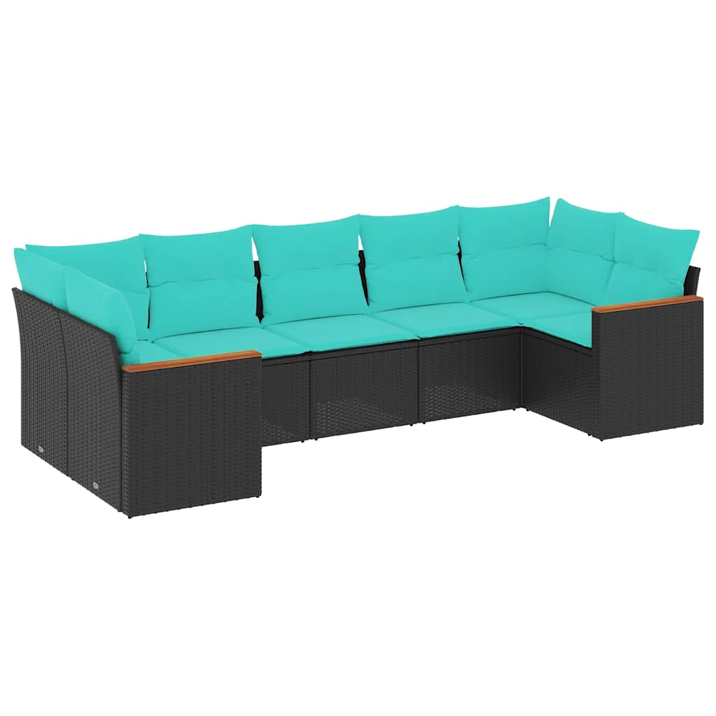 Salon de jardin 7 pcs avec coussins noir résine tressée