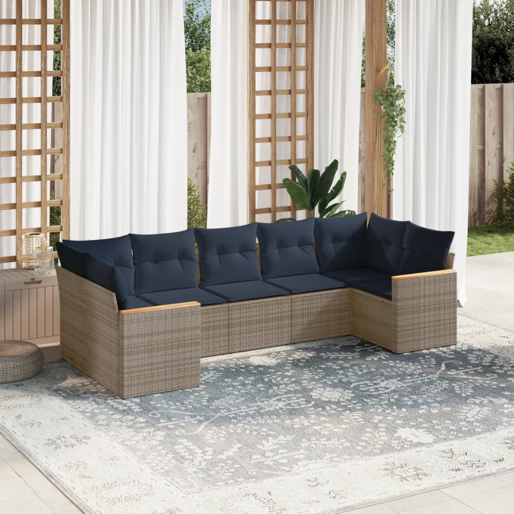Ensemble de canapé de jardin 7 pcs avec coussins gris résine tressée