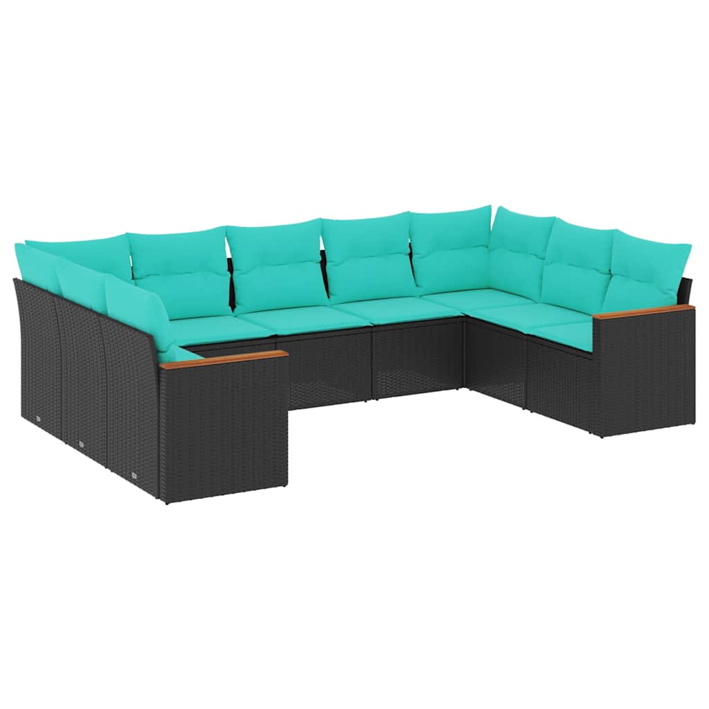 Salon de jardin 9 pcs avec coussins noir résine tressée