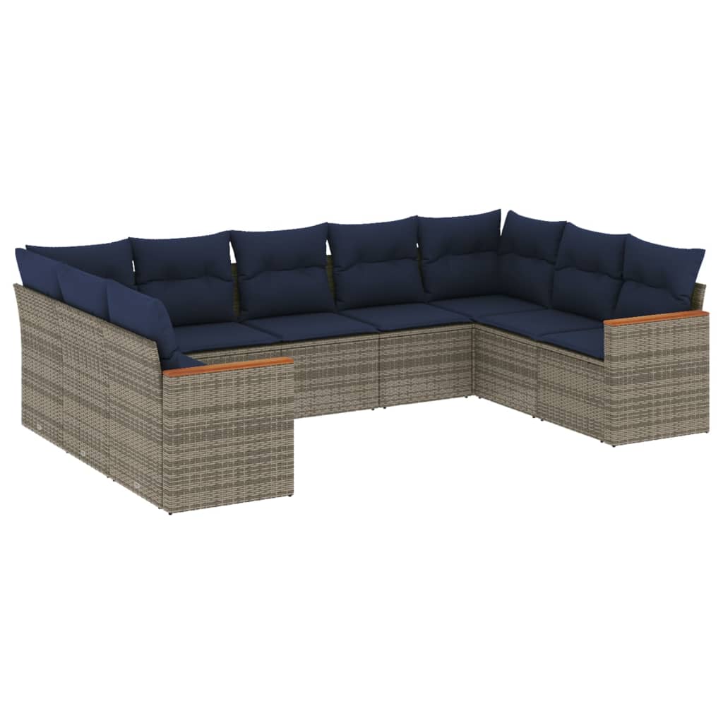 Ensemble de canapé de jardin 9 pcs avec coussins gris résine tressée
