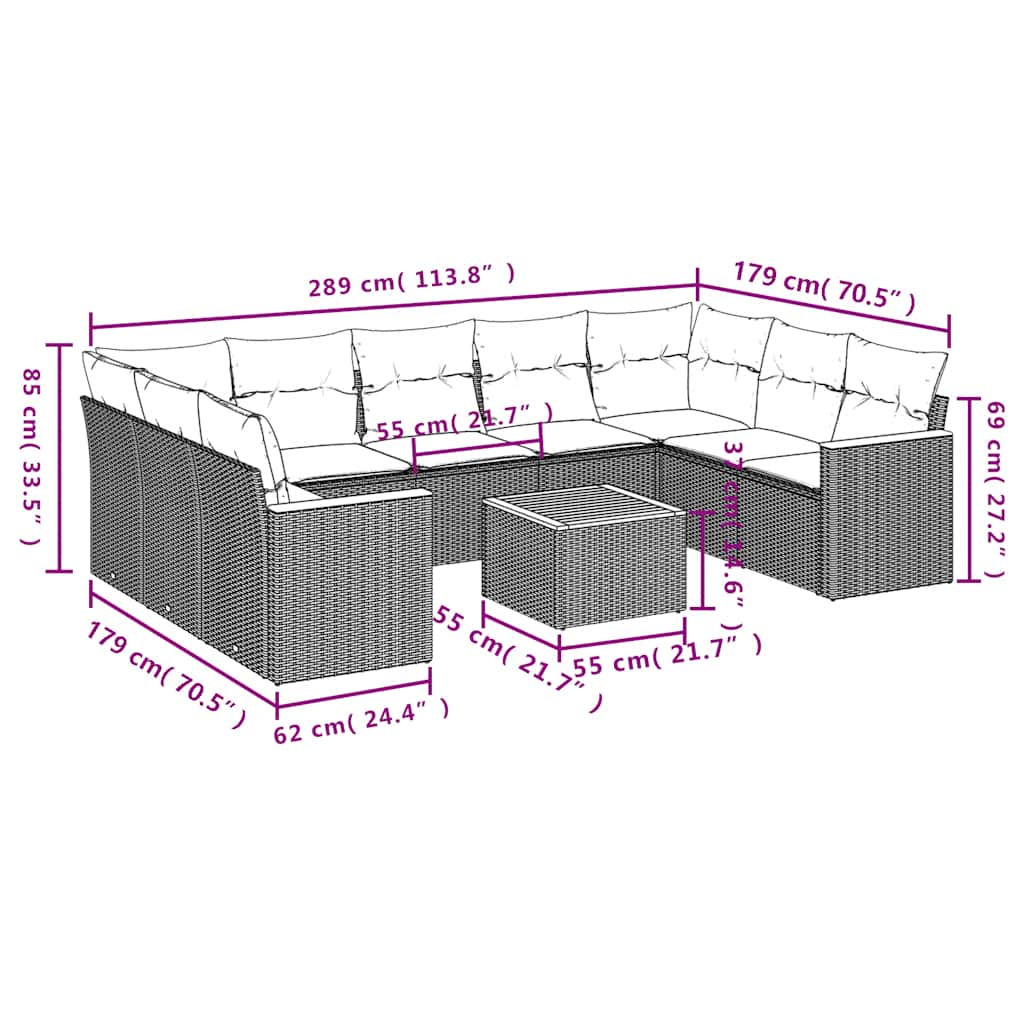 Ensemble de canapé de jardin 10 pcs avec coussins noir résine tressée