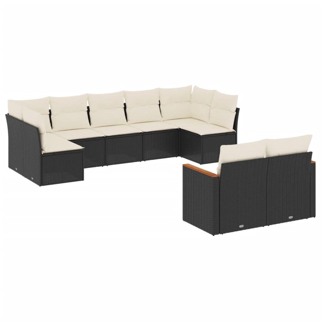 Salon de jardin 9 pcs avec coussins noir résine tressée