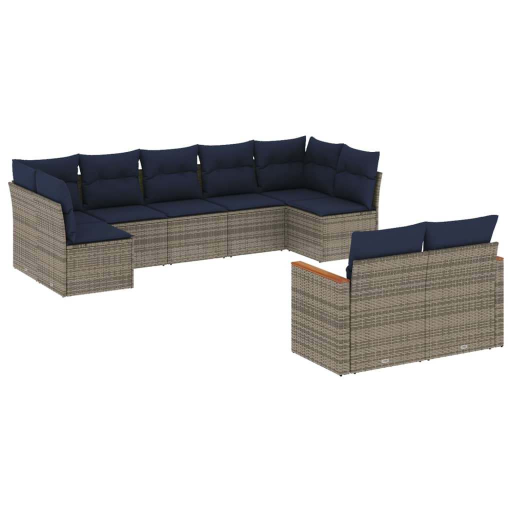 Ensemble de canapé de jardin 9 pcs avec coussins gris résine tressée