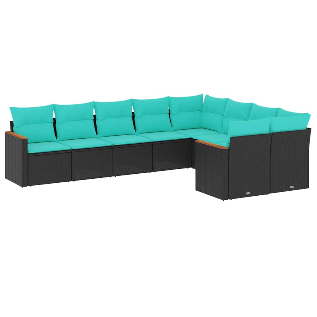 Salon de jardin 9 pcs avec coussins noir résine tressée