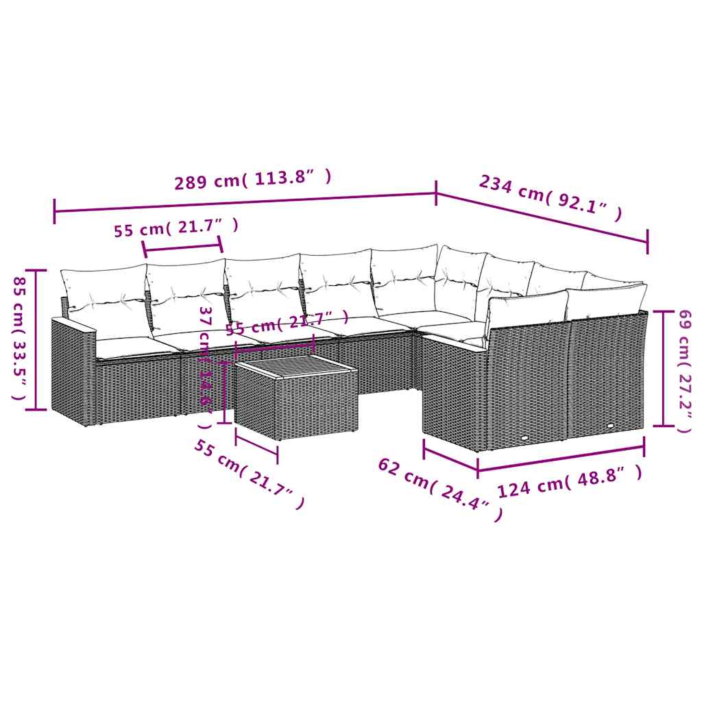 Ensemble de canapé de jardin 10 pcs avec coussins noir résine tressée