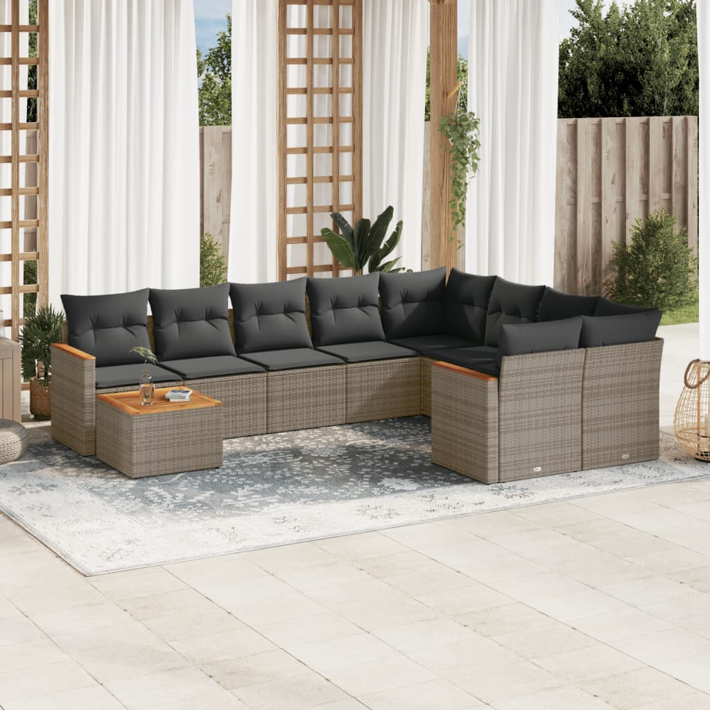 Salon de jardin avec coussins 10 pcs gris résine tressée
