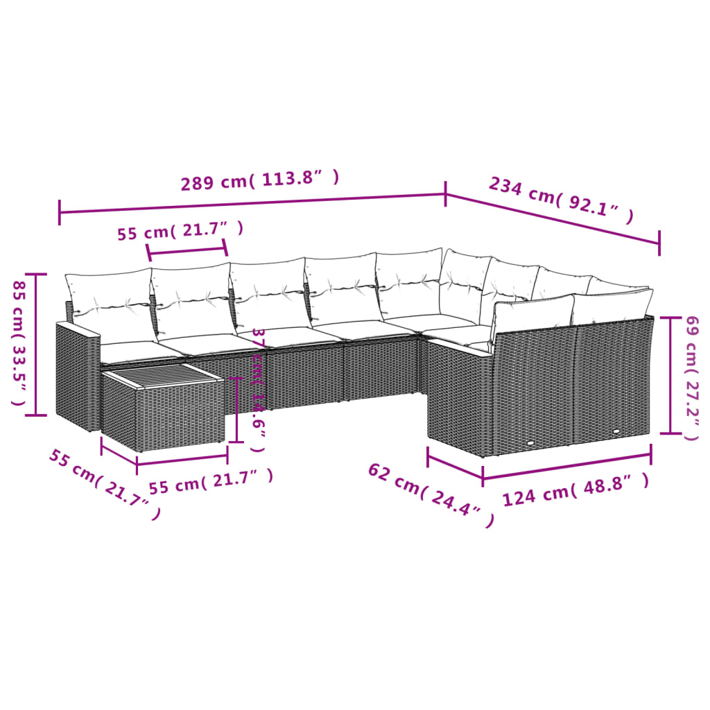 Ensemble de canapé de jardin 10 pcs avec coussins gris résine tressée