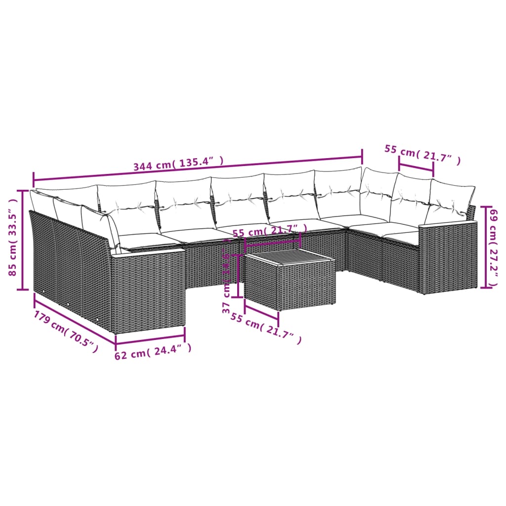 Ensemble de canapé de jardin 11 pcs avec coussins gris résine tressée