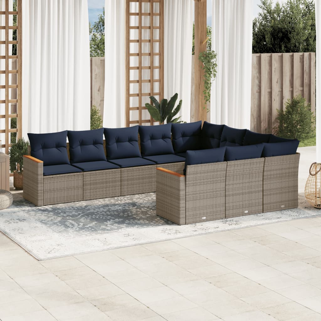 Ensemble de canapé de jardin 10 pcs avec coussins gris résine tressée