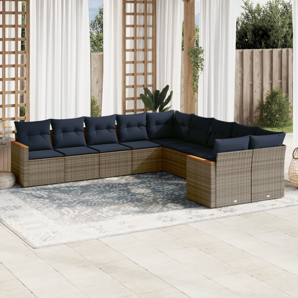 Ensemble de canapé de jardin 10 pcs avec coussins gris résine tressée