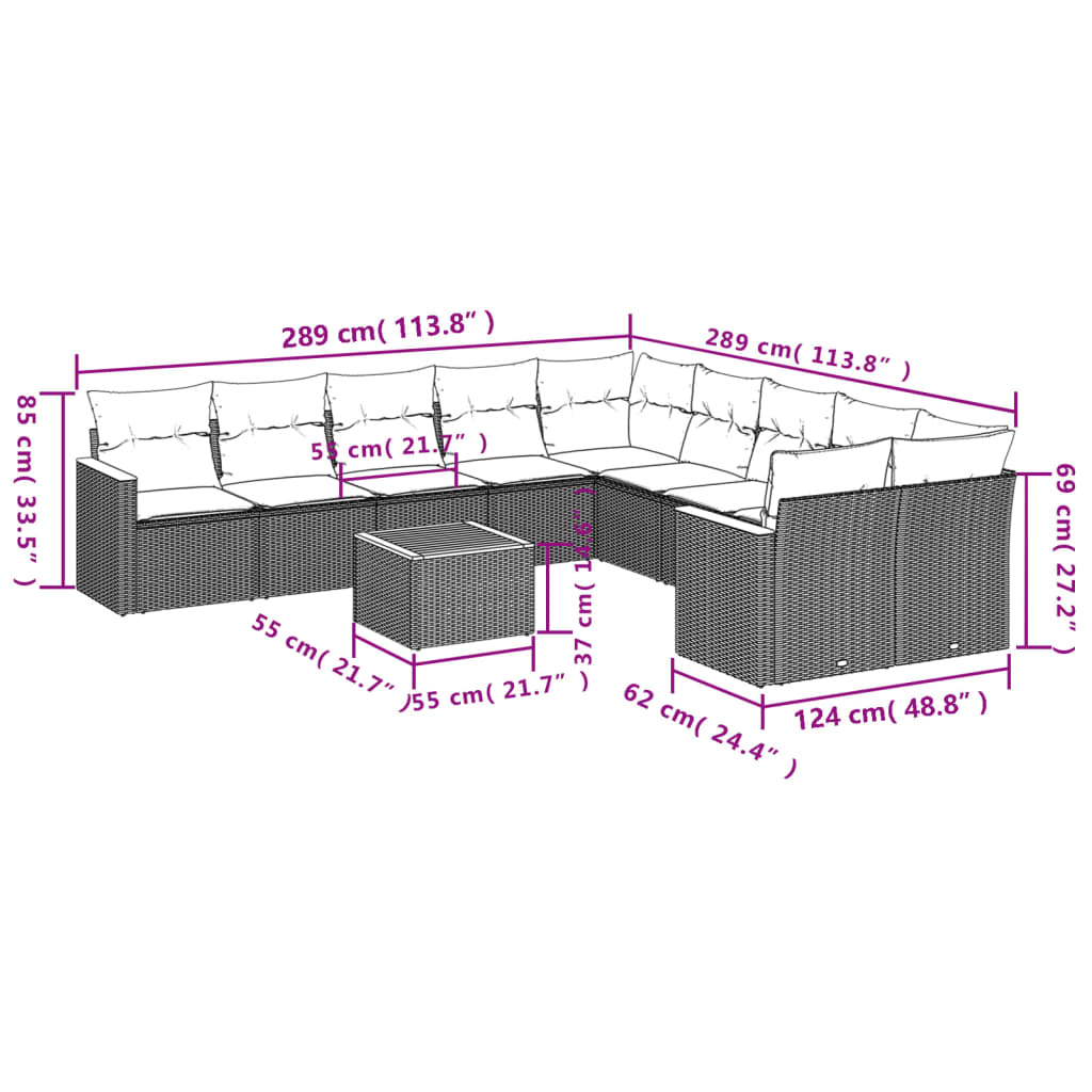 Ensemble de canapé de jardin 11 pcs avec coussins gris résine tressée