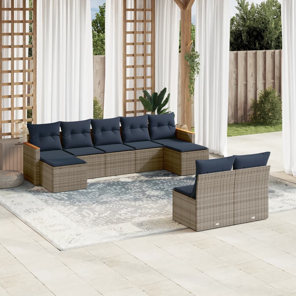 Ensemble de canapé de jardin 9 pcs avec coussins gris résine tressée