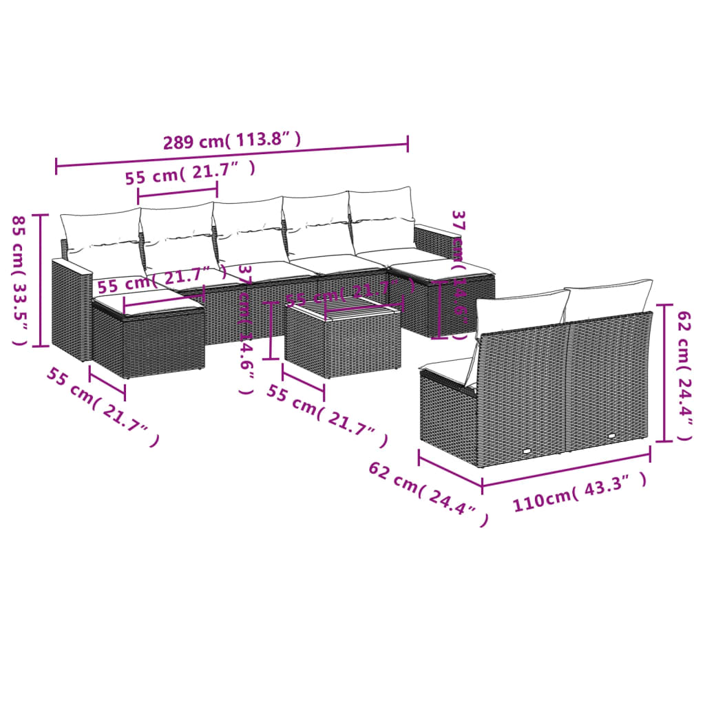 Ensemble de canapé de jardin 10 pcs avec coussins gris résine tressée