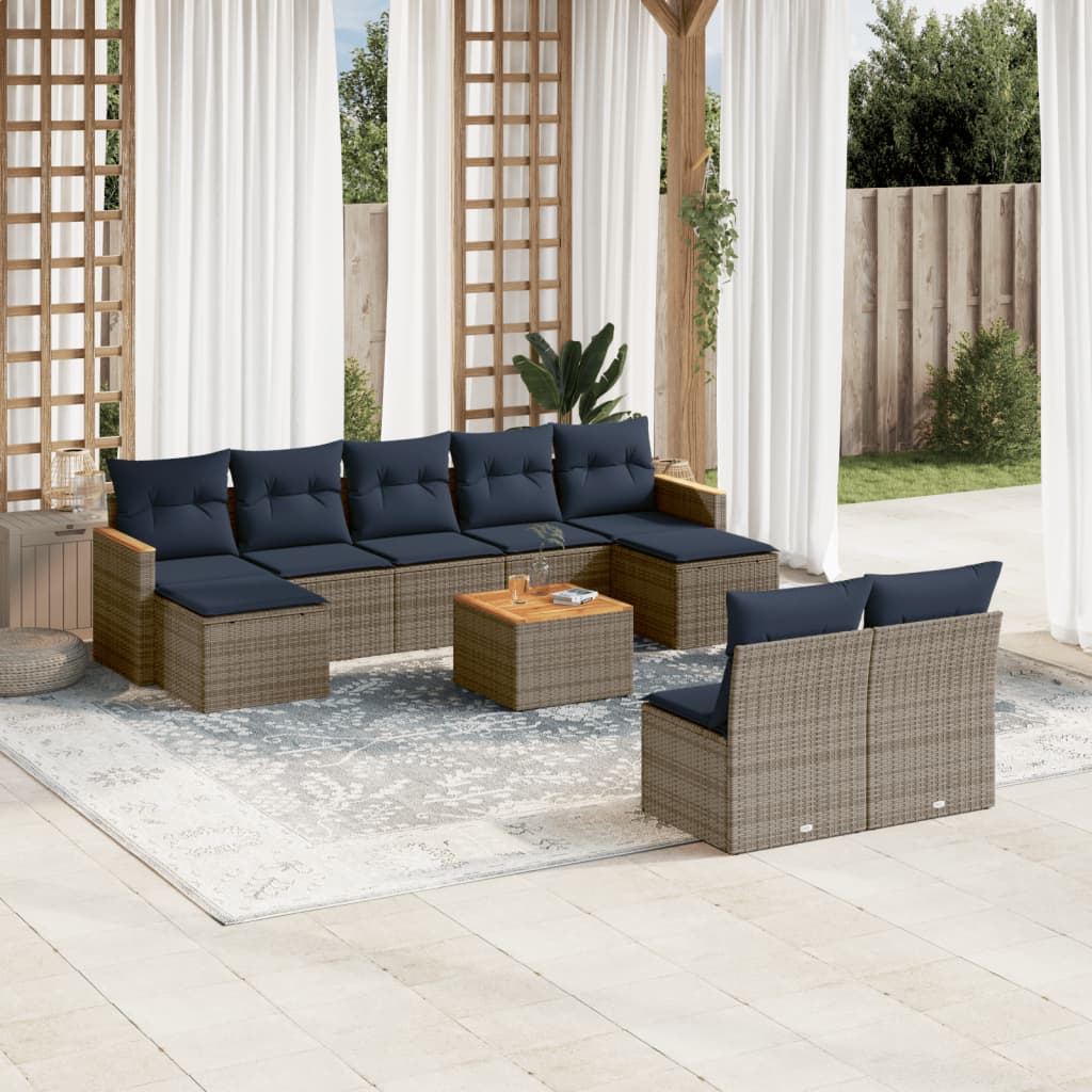 Ensemble de canapé de jardin 10 pcs avec coussins gris résine tressée