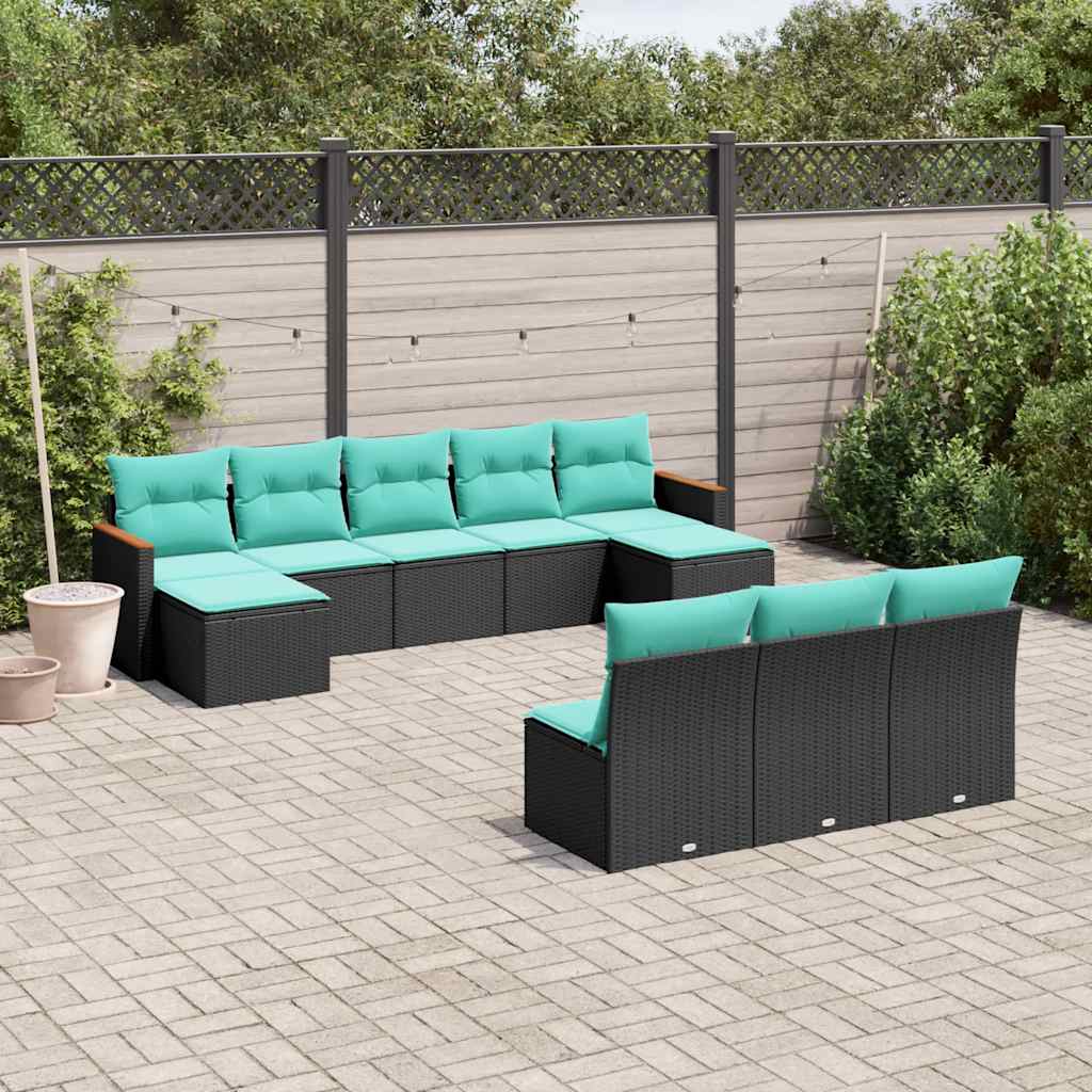 Salon de jardin 10 pcs avec coussins noir résine tressée