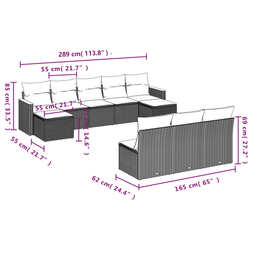 Ensemble de canapé de jardin 10 pcs avec coussins gris résine tressée