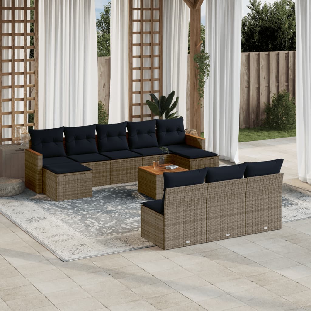 Ensemble de canapé de jardin 11 pcs avec coussins gris résine tressée