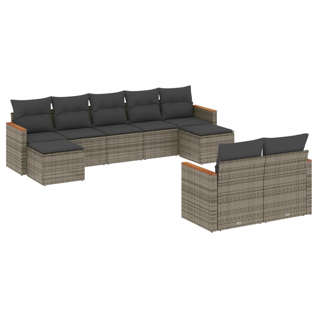Salon de jardin 9 pcs avec coussins gris résine tressée