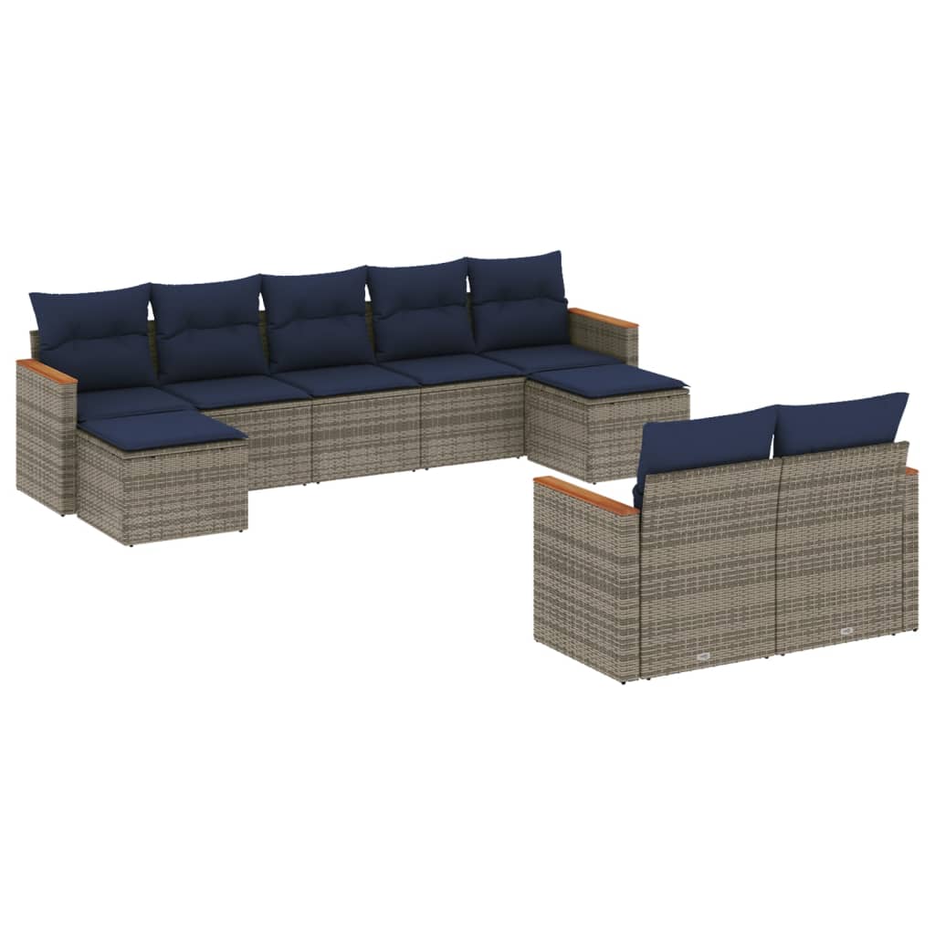 Ensemble de canapé de jardin 9 pcs avec coussins gris résine tressée