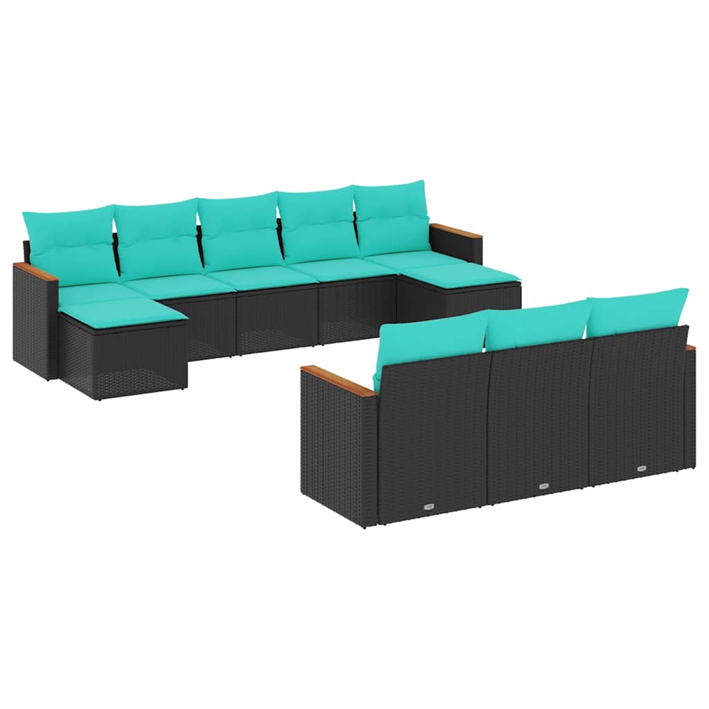 Salon de jardin 10 pcs avec coussins noir résine tressée