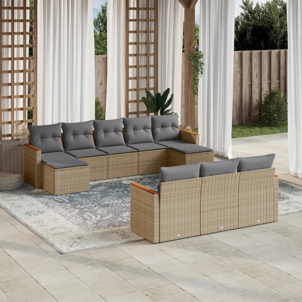 Salon de jardin et coussins 10 pcs mélange beige résine tressée
