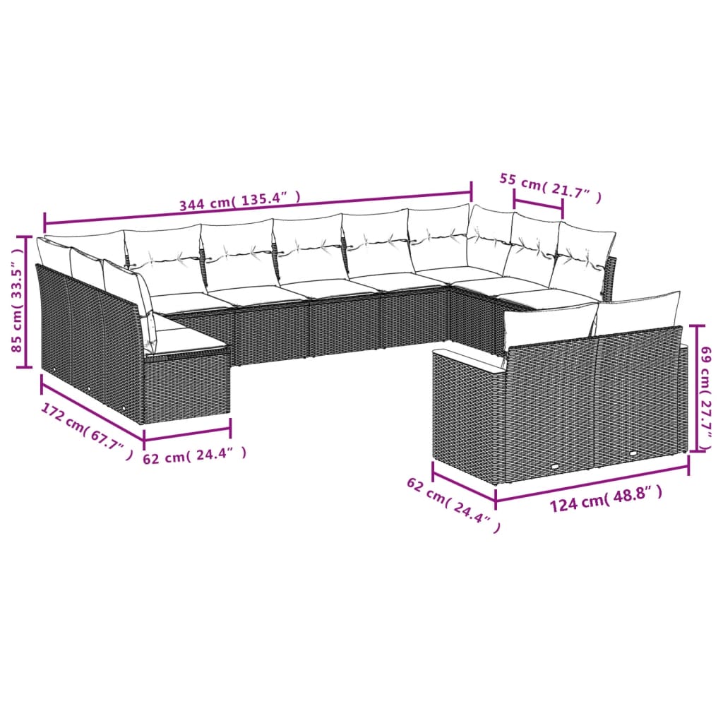 Salon de jardin avec coussins 12 pcs gris résine tressée