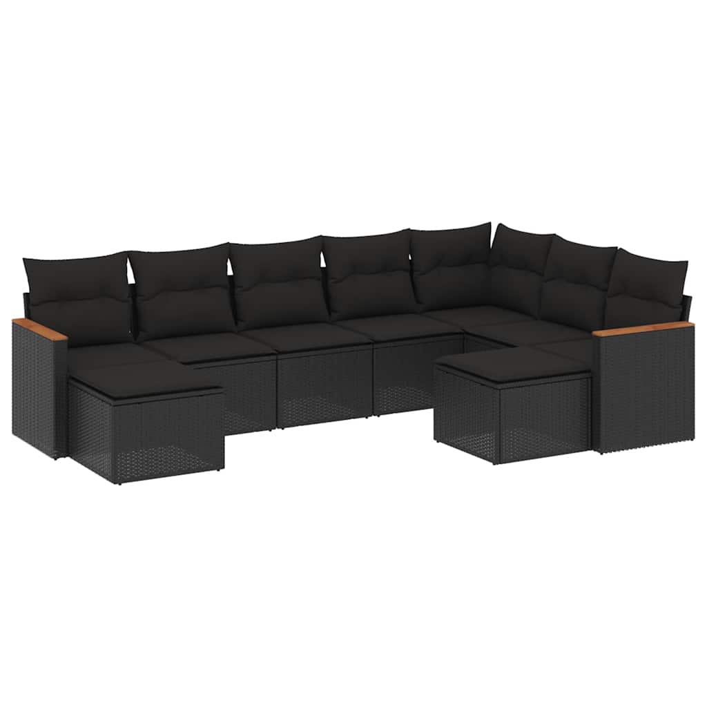 Salon de jardin 9 pcs avec coussins noir résine tressée