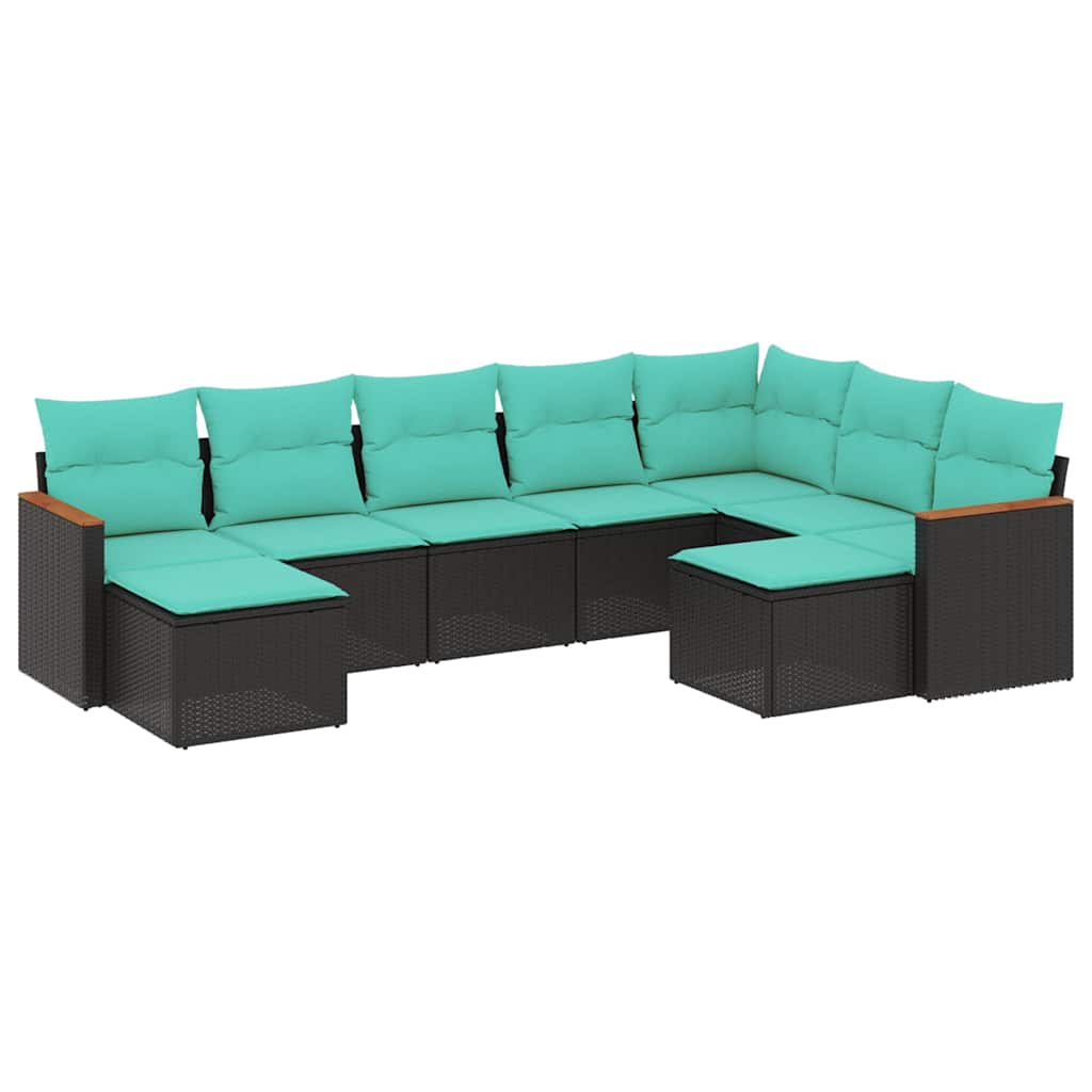 Salon de jardin 9 pcs avec coussins noir résine tressée