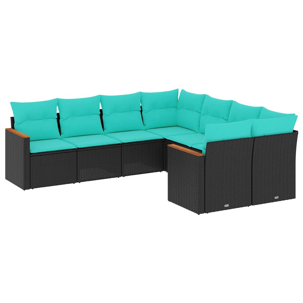 Salon de jardin 8 pcs avec coussins noir résine tressée