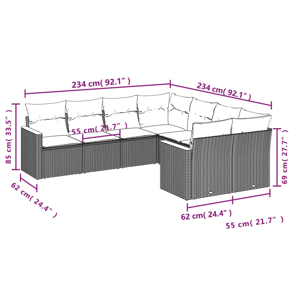 Salon de jardin 8 pcs avec coussins gris résine tressée