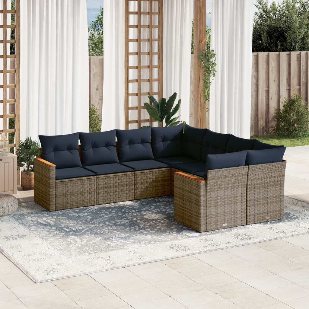 Ensemble de canapé de jardin 8 pcs avec coussins gris résine tressée