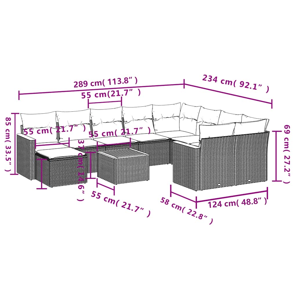 Ensemble de canapé de jardin 11 pcs avec coussins gris résine tressée