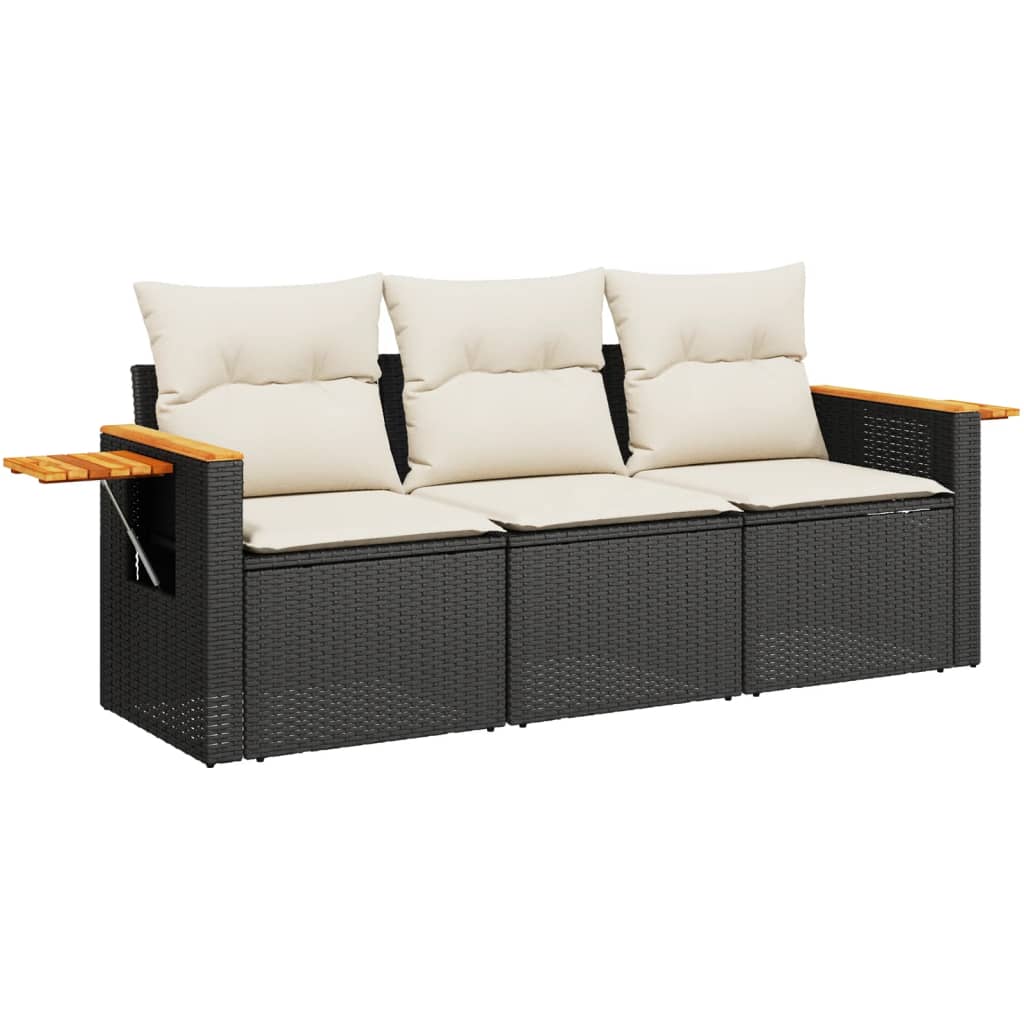 Salon de jardin 3 pcs avec coussins noir résine tressée