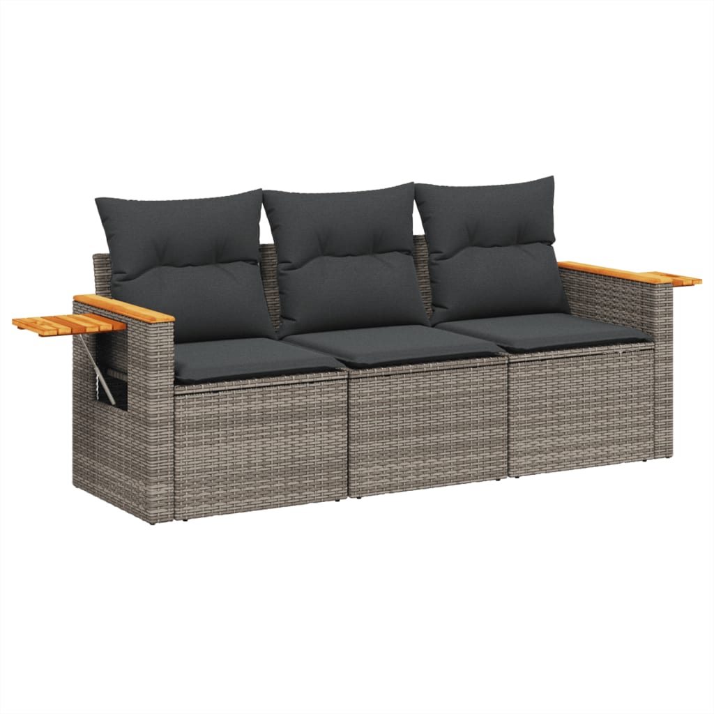 Salon de jardin avec coussins 3 pcs gris résine tressée
