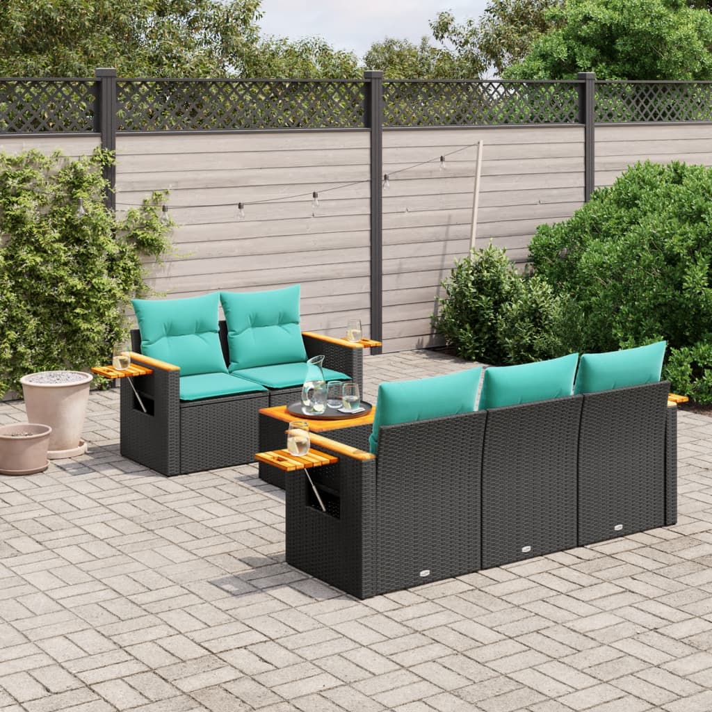 Salon de jardin 6 pcs avec coussins noir résine tressée