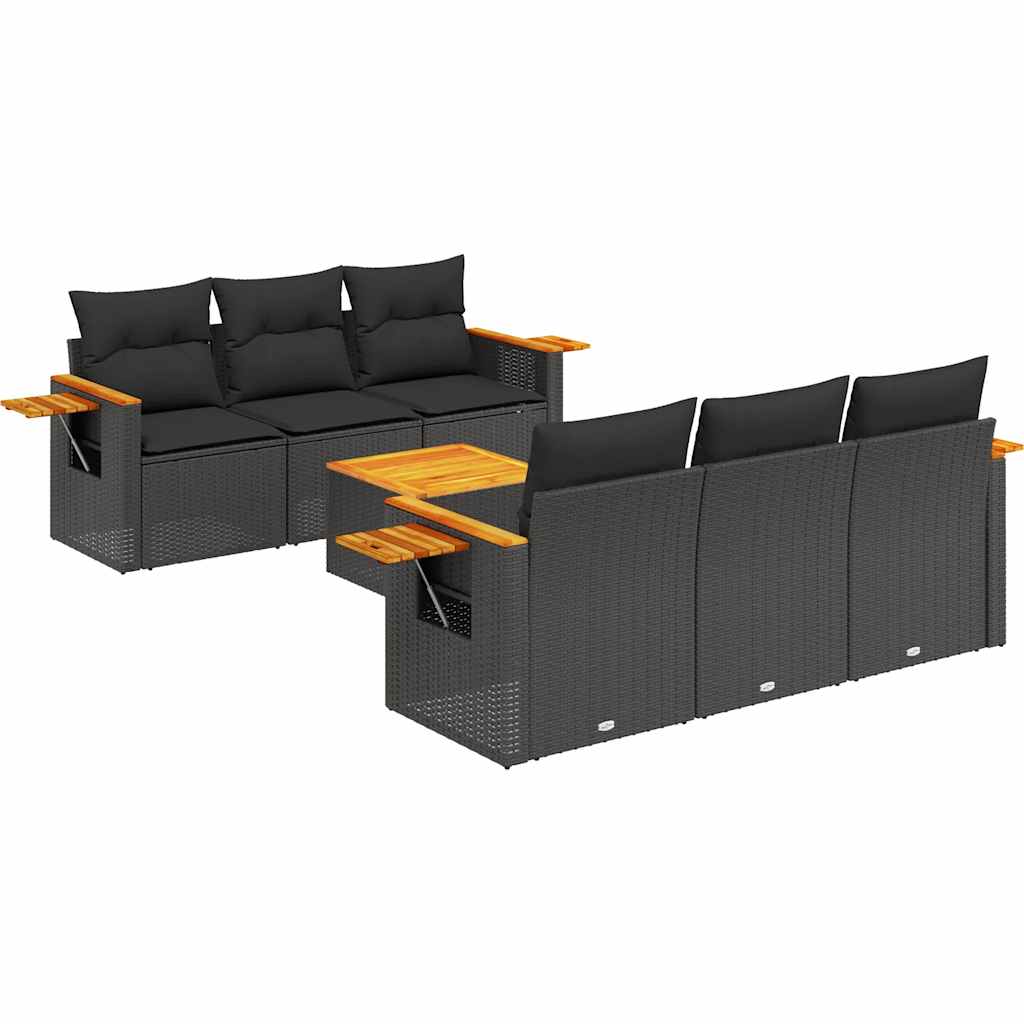 Salon de jardin 7 pcs avec coussins noir résine tressée