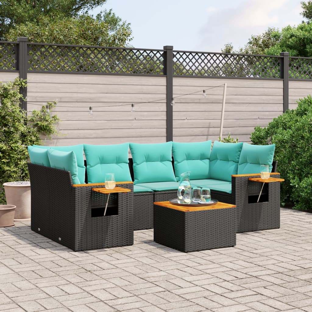 Salon de jardin 7 pcs avec coussins noir résine tressée